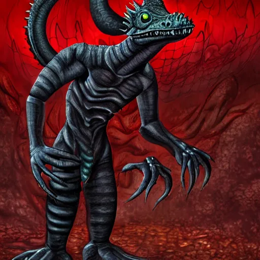 Image similar to big butcher anthropomorphic male lizardfolk posing scarily, scary angry pose, chasing you, bloody, covered in blood, fresh kill, cleaver, in a cave, earie setting, lovecraft eldritch horror, hyperdetailed, furaffinity, anthro art