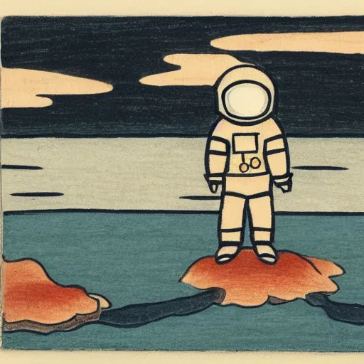 Prompt: un tiny astronaut standing in the tides, wide view, from apart, japanese scroll style, drawing