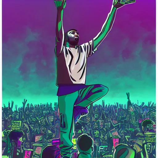 Prompt: rapper leaning over huge crowd reaching up to him, digital art, vapor wave, hip hop, trending on Artstation, professional artist, detailed, 4k