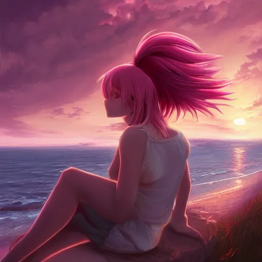 Image similar to anime girl with pink hair watching sunset, by lise deharme,