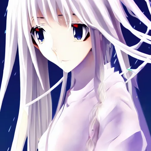 Prompt: stunningly beautiful anime goddess, porcelain skin, long white hair, symmetrical, overwhelming, innocent, etheral, 2 d anime, 8 k