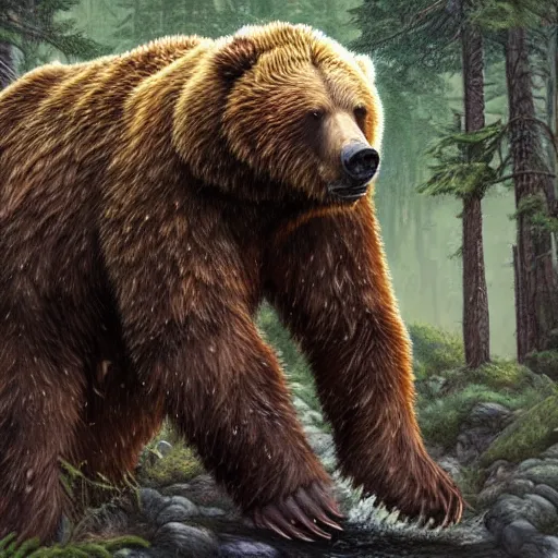 Image similar to one ferocious giant grizzly bear monster with 4 arms in a forest, fantasy concept art, by greg rutowski, detailed, epic pose