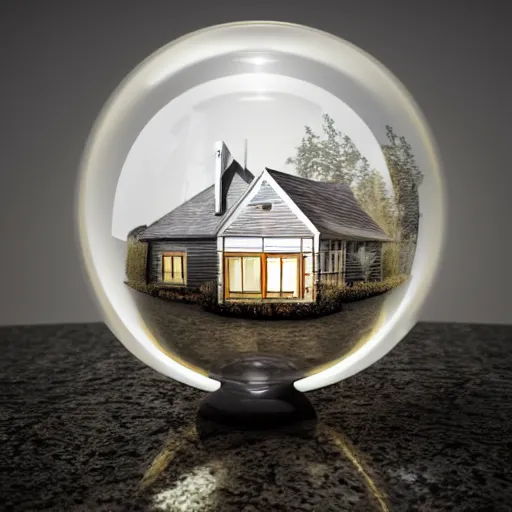 Image similar to mini house inside a crystal ball, octane render hyperdetailed,