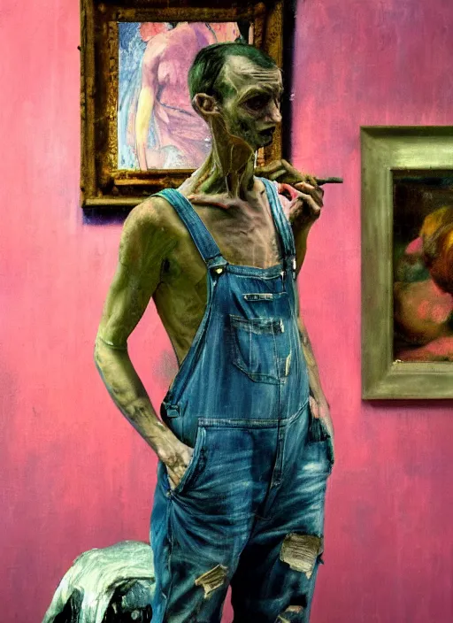 Image similar to an insane, skinny, artist wearing dirty, torn overalls, expressive painting the walls inside a grand messy studio, depth of field, hauntingly surreal, highly detailed oil painting, by francis bacon, edward hopper, adrian ghenie, glenn brown, soft light 4 k in pink, green and blue colour palette, cinematic composition, masterpiece