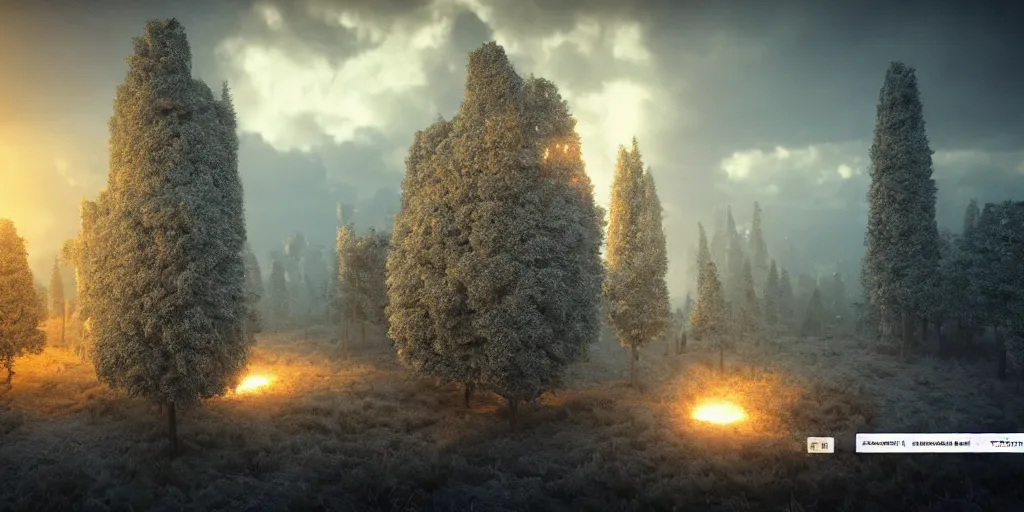 Prompt: photorealistic 3D art of dystopian landscape with a big cube emitting plasma beams, fluffy trees, 4k, extremely detailed, ultra realistic, by Annibale Siconolfi, Maxon Cinema 4D, Otoy Octane, Adobe Photoshop, Adobe After Effects, complex 3D scene