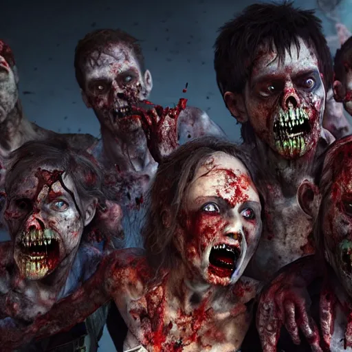 Image similar to a group of zombies coming towards the camera, highly detailed, photorealistic portrait, bright studio setting, studio lighting, crisp quality and light reflections, unreal engine 5 quality render