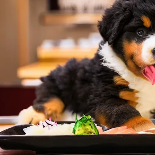 Prompt: photo of a Bernese Mountain Dog puppy eating nigiri sushi at a Japanese restaurant