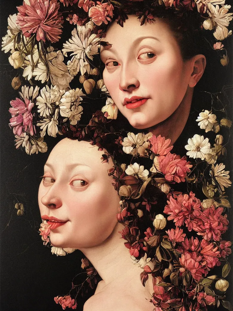 Image similar to hyperrealistic still life painting of a woman's face made of flowers that is smiling, by Caravaggio, botanical print, surrealism, vivid colors, serene, golden ratio,