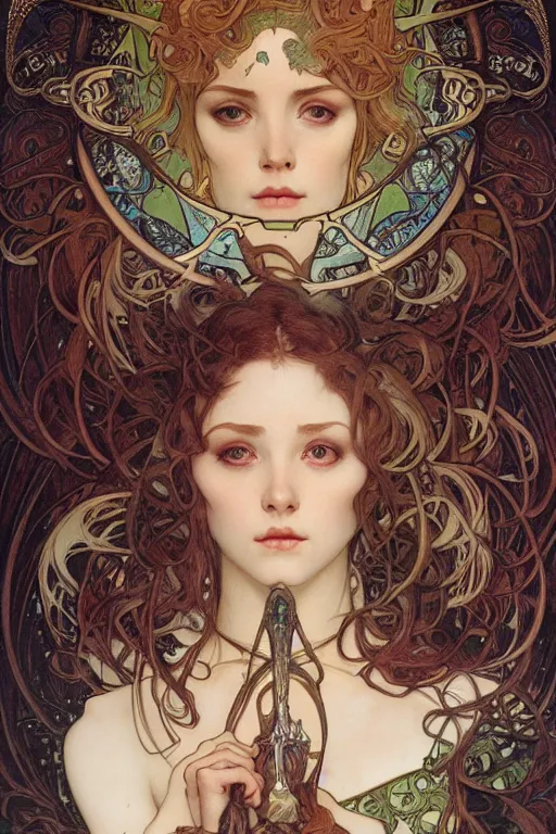 Prompt: realistic detailed face portrait of the Tarot Card of The Magician by Alphonse Mucha, Ayami Kojima, Amano, Charlie Bowater, Karol Bak, Greg Hildebrandt, Jean Delville, and Mark Brooks, Art Nouveau, Neo-Gothic, gothic, rich deep moody colors