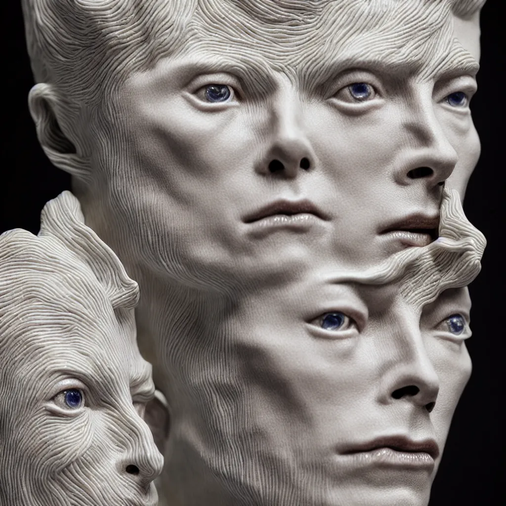 Image similar to David Bowie , A Close up photo-real delicate ceramic porcelain sculpture of a symmetrical ornate detailed in front of an intricate background by Victo Ngai and takato yamamoto, micro detail, backlit lighting, face in focus, subsurface scattering, translucent, thin porcelain, octane renderer, colorful, physically based rendering, japanese pottery, trending on cgsociety