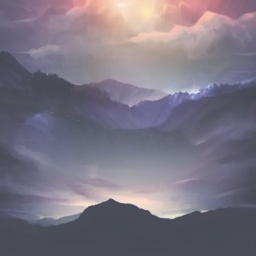 Prompt: silhouette of mountains made of light!!! bright cloudy sky, overexposed, hyper detailed matte painting