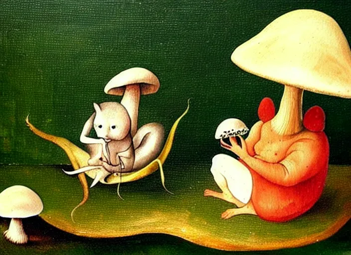 Image similar to a painting of a cute creature sitting next to a mushroom, detailed, realistic, in style of hieronymus bosch