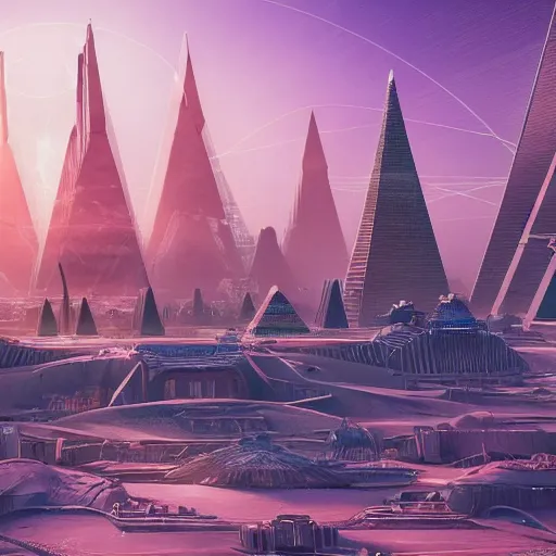 Prompt: a scene of a beautiful intricate epic futuristic pharaoh city with a cyber pyramid, a neo sphynx and hovering chariots taken from a distance, minimalist, cinematic lighting