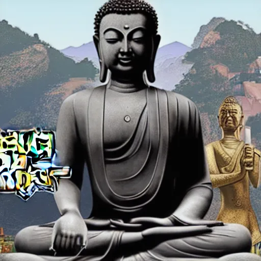 Prompt: buddha in gta v cover, rockstar games, no text,