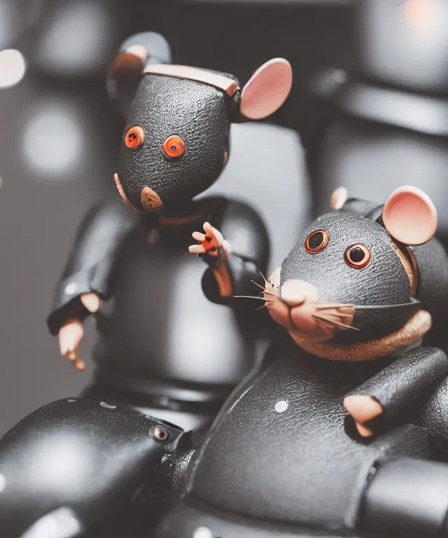 Image similar to high quality presentation photo of cute robot anthropomorphic mice, photography 4k f1.8 anamorphic bokeh 4k Canon Nikon