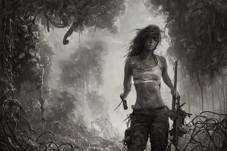 Image similar to artstation concept of a beautiful adventurous girl holding a machine pistol, sweaty skin, symmetrical face, high body detail, ripped up field fatigues, torn open shirt, jungle background with ruins, vines, hyperdetailed, artstation trending, world renowned artists, worth1000.com, cgsociety, by greg rutkowski, by Gustave Doré, by Marco Turini, by Artgerm, Deviantart in the style of Tom Bagshaw, Cedric Peyravernay, Peter Mohrbacher