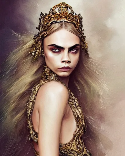 Prompt: cara delevingne wearing epic haute couture by Alexander McQueen, extremely beautiful face, masterpiece, intricate, elegant, highly detailed, digital painting, artstation, concept art, smooth, sharp focus, illustration, art by artgerm and james jean and greg rutkowski and alphonse mucha