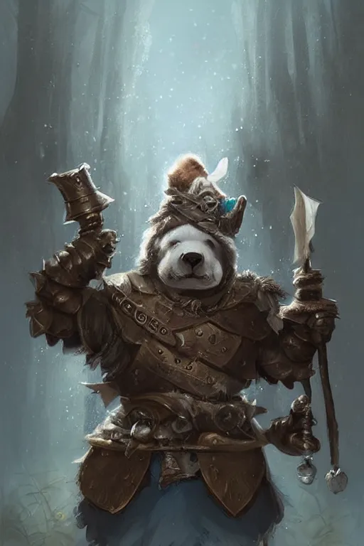 Image similar to cute little anthropomorphic bear knight wearing a cape and a crown, tiny, small, miniature bear, baby animal, short, pale blue armor, cute and adorable, pretty, beautiful, DnD character art portrait, matte fantasy painting, DeviantArt Artstation, by Jason Felix by Steve Argyle by Tyler Jacobson by Peter Mohrbacher, cinematic lighting