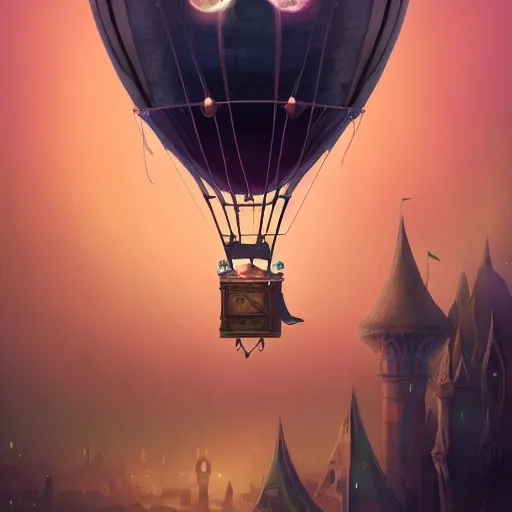 Image similar to a beautiful stunning fantasy whimsical matte digital illustration of a hot - air balloon powered by magic over a lit city at night by marc simonetti, pastel color palette, disney magic the gathering steampunk, chiaroscuro magical bokeh moon stars, trending on artstation hq, masterpiece