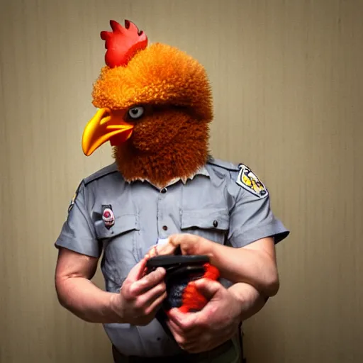 Prompt: chicken dressed as an inmate, real photography, police statiom