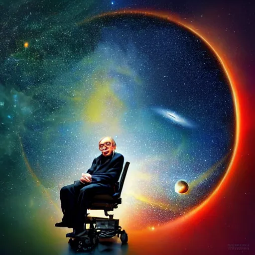 Prompt: stephen hawking with space in the background, universe, galaxies, planets, black hole, by wlop and ross tran, colorful