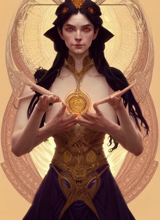 Image similar to symmetry!! portrait of a female sorcerer, dar fantasy, intricate, elegant, highly detailed, my rendition, digital painting, artstation, concept art, smooth, sharp focus, illustration, art by artgerm and greg rutkowski and alphonse mucha and huang guangjian and gil elvgren and sachin teng