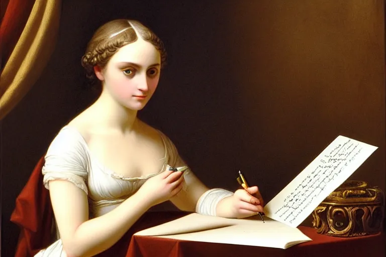 Prompt: 1 8 1 0 s annasophia robb writing a letter by vittorio reggianini, bright lighting, perfectly detailed eyes, beautiful hands, pale skin, clear face