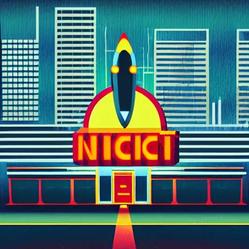 Prompt: rocket standing on a street in the middle of a cyberpunk city, neon signs, psychedelic, minimalism, clouds, night time, dramatic lighting, flat design, flat colors, in the style of contemporary graphic design