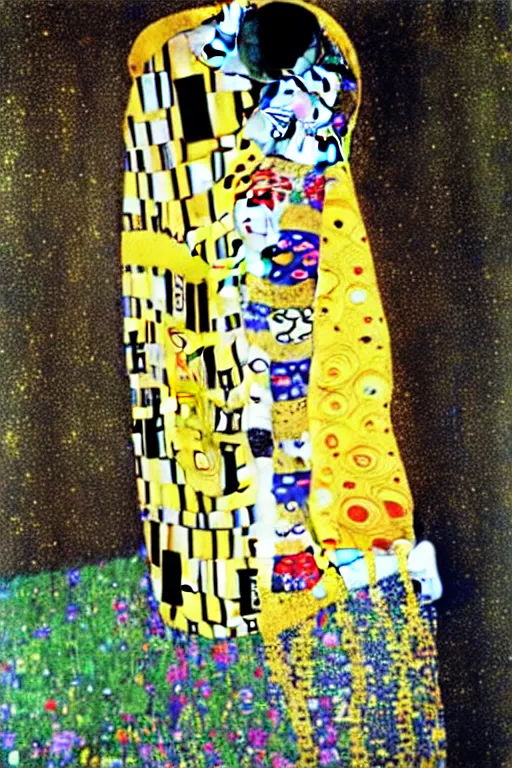 Image similar to gustav klimt the kiss with face of Nicolas Cage