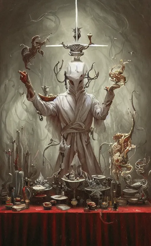 Image similar to a painting of a white robed magician behind a table, hands gesture as above so below, red mantle cup, sword, pentacle, wand, a surrealist painting by marco mazzoni, peter mohrbacher, nychos, cgsociety, neo - figurative, detailed painting, rococo, oil on canvas, seapunk, biomorphic, lovecraftian