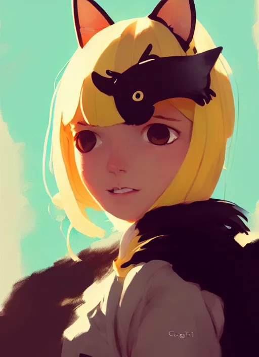 Image similar to portrait of cute catgirl with cat ears, by atey ghailan, by greg rutkowski, by greg tocchini, by james gilleard, by joe gb fenton, by in kaethe butcher, dynamic lighting, gradient light yellow, brown, blonde cream and white color in scheme, grunge aesthetic