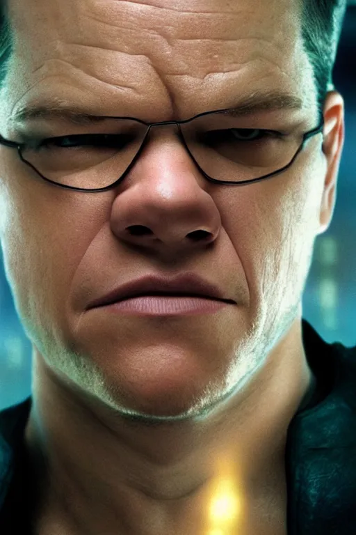 Prompt: A still of Matt Damon as Neo in The Matrix, close-up, sigma male, rule of thirds, award winning photo, unreal engine, studio lighting, highly detailed features, interstellar space setting
