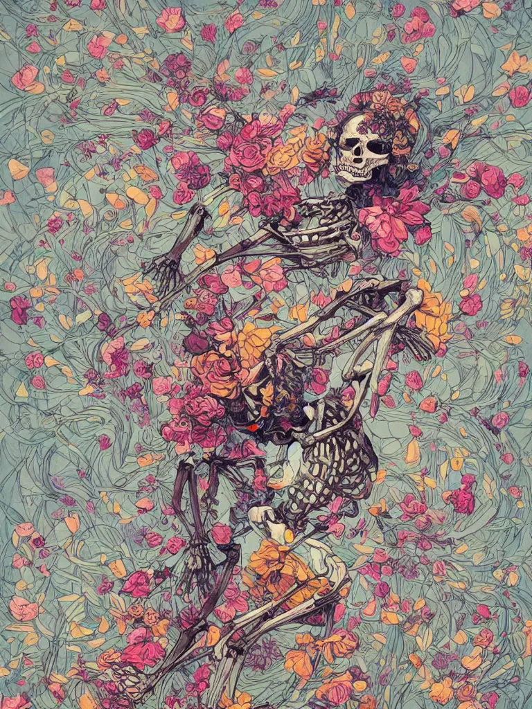 Image similar to a skeleton covered in flowers in a dynamic pose, in the style of james jean and peter mohrbacher, highly detailed, soft lighting,