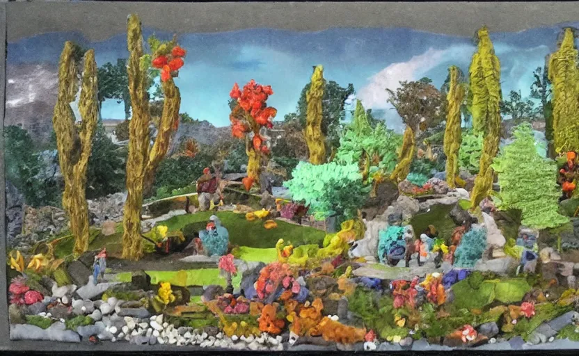 Image similar to a landscape painting, claymation, henri berthaut, art - deco, miner kilbourne kellogg, gardens, collage