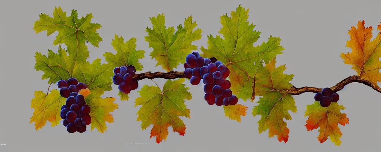 Prompt: an oak branch with oak leaves only and many grapes, some oak acorns, no wine leaves, no grape leaves, ultra detailed, digital painting, concept art, trending on artstation, pixiv, art by ruan jia and makoto shinkai, rim light, very coherent, exquisite light, soft colours, detailed, clear focus, light white background