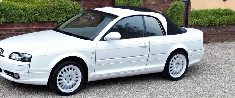 Image similar to Casablanca White Audi A4 B6 Avant Convertible (2002), soft top roof raised, red interior, created by Barclay Shaw