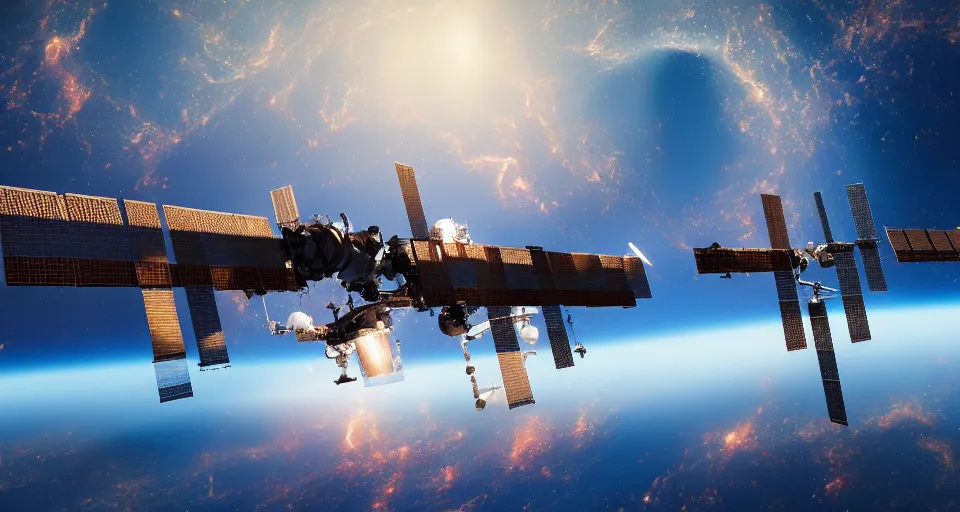 Prompt: An oil painting of the International Space Station, dramatic lighting, trending on ArtStation, Unreal engine, 8k