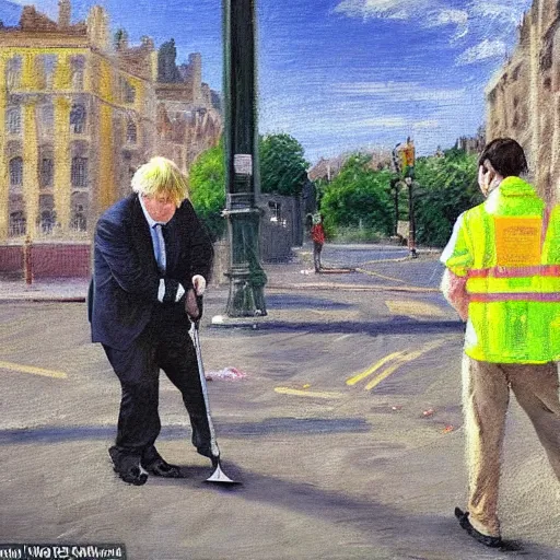 Prompt: An impressionist painting of Boris Johnson doing community service in a high vis vest, he is picking litter on a British street