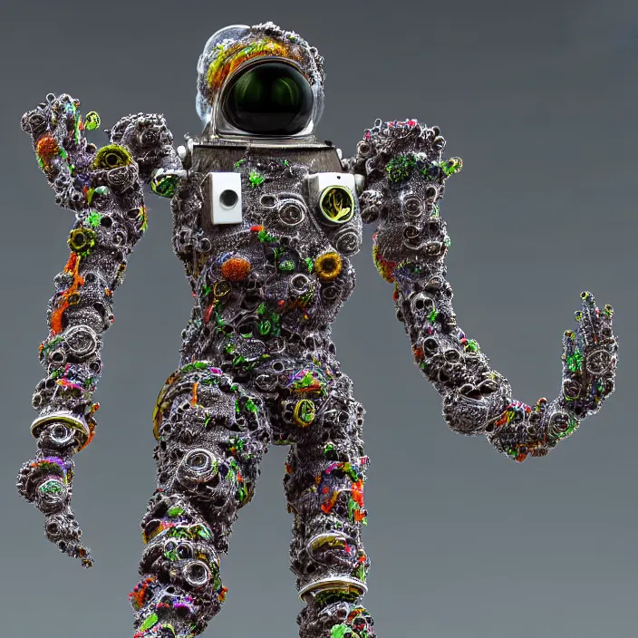 Image similar to a cybernetic symbiosis of a single astronaut mech-organic eva suit made of pearlescent wearing anodized thread knitted shiny ceramic multi colored yarn thread infected with kevlar,ferrofluid drips,carbon fiber,ceramic cracks,gaseous blob materials and diamond 3d fractal lace iridescent bubble 3d skin dotted covered with orb stalks of insectoid compound eye camera lenses orbs floats through the living room, film still from the movie directed by Denis Villeneuve with art direction by Salvador Dalí, wide lens,