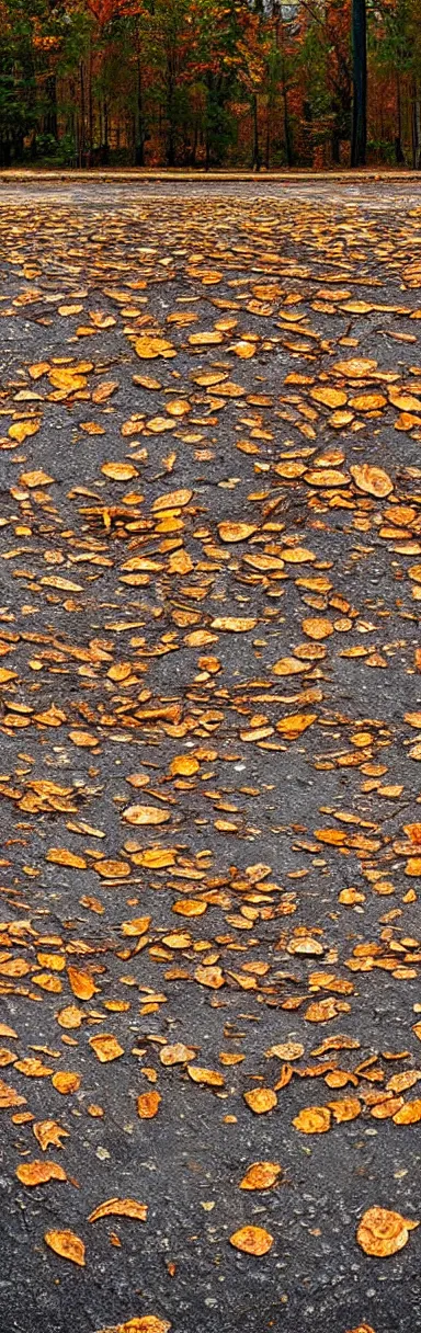 Prompt: “panorama of an abandoned gas station parking lot autumn forest realistic detailed low angle cinematic camera detail cracked pavement wide angle”