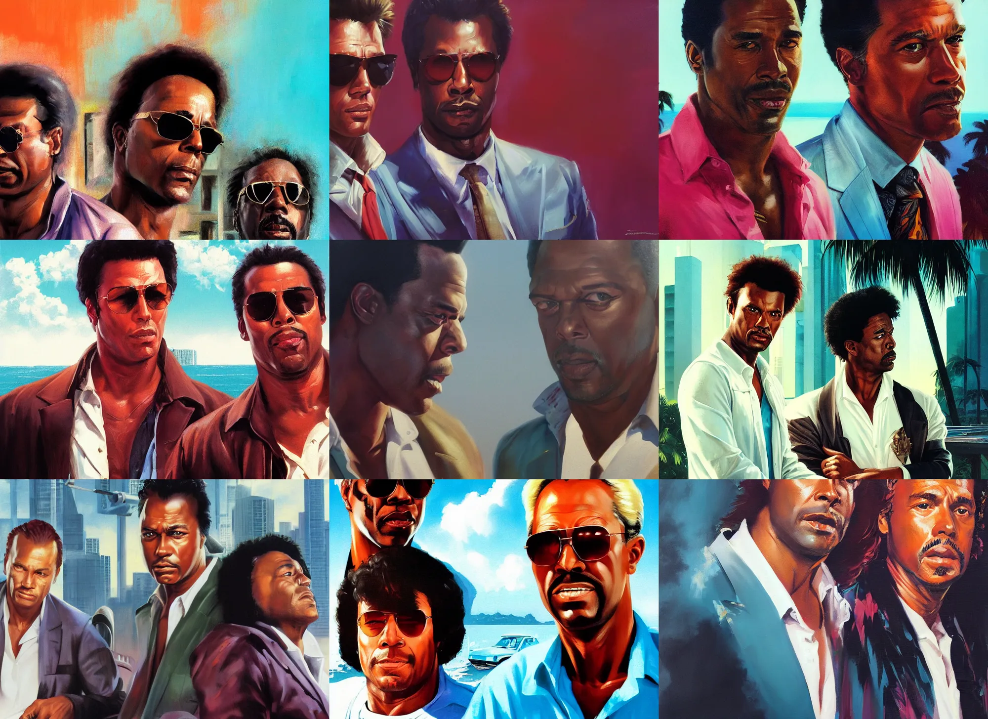 Prompt: a closeup portrait painting of crockett and tubbs in eighties miami vice, ultra realistic, highly detailed faces, true life, 8 k, masterpiece, cinematic, by frank frazetta, greg rutkowski, yoko taro, christian macnevin, beeple, wlop, krenz cushart, epic character art, dramatic lighting