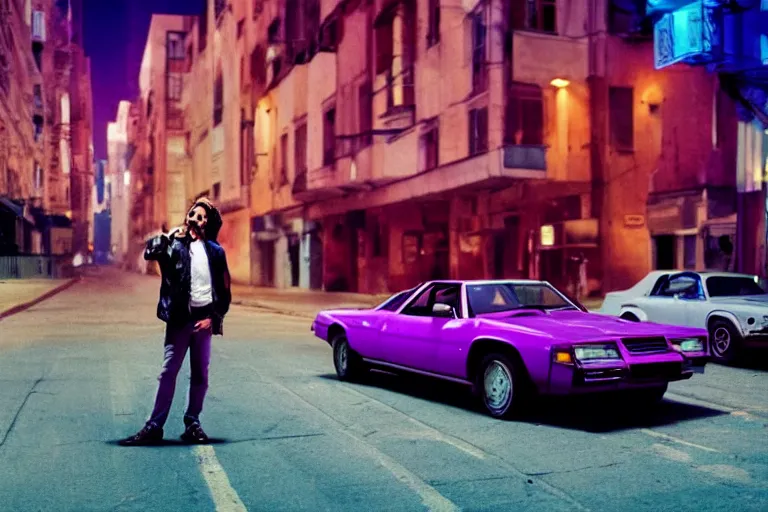 Image similar to 80s dressed Nicolas Cage posing and in the background there two 80s sports cars parked on a deserted city street at night time, purple lighted street, wide angle, cinematic, retro-wave vibes, grainy, soft motion blur