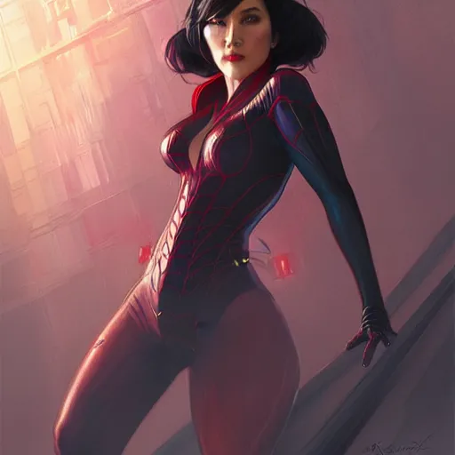 Image similar to Ada Wong as Spider-Woman, western, D&D, fantasy, intricate, elegant, highly detailed, digital painting, artstation, concept art, matte, sharp focus, illustration, art by Artgerm and Greg Rutkowski and Alphonse Mucha