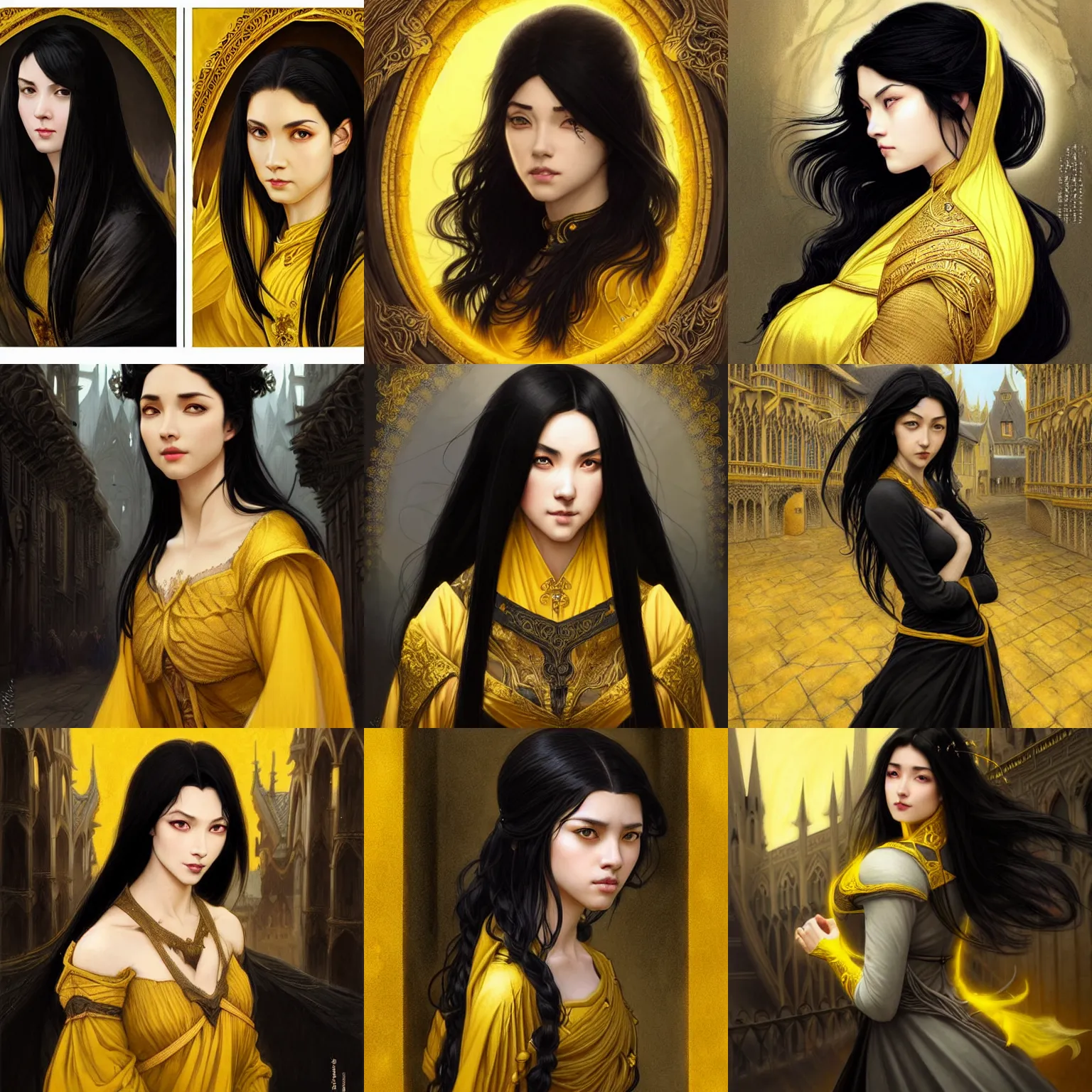 Prompt: beautiful black haired woman with yellow eyes in a medieval city, asian descend, wavy hair combed to one side, black clothes, d & d, fantasy, intricate, elegant, highly detailed, digital painting, artstation, concept art, matte, sharp focus, illustration, art by artgerm and greg rutkowski and alphonse mucha