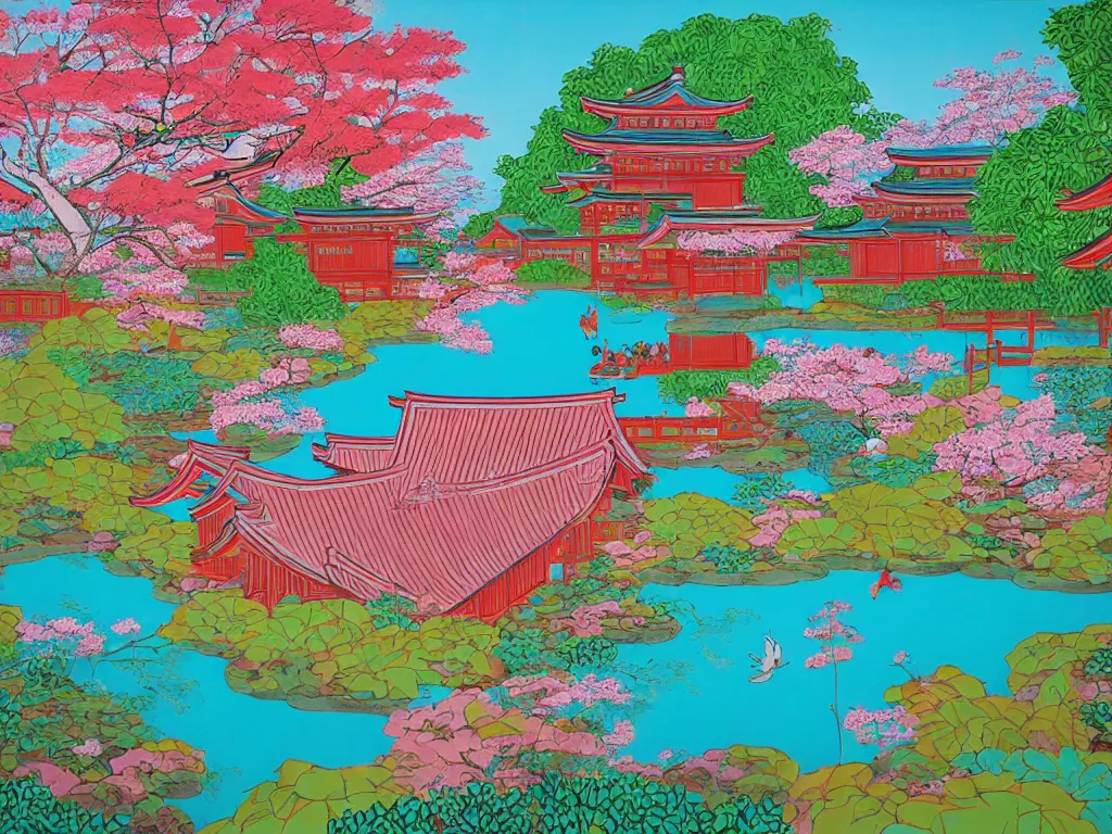 Image similar to image of a traditional japanese house with a garden, a pond in the garden, pink children are sitting around it, a combination of pop art and traditional japanese painting styles, the style of andy warhol and jackie tsai, bright palette, acrylic on canvas