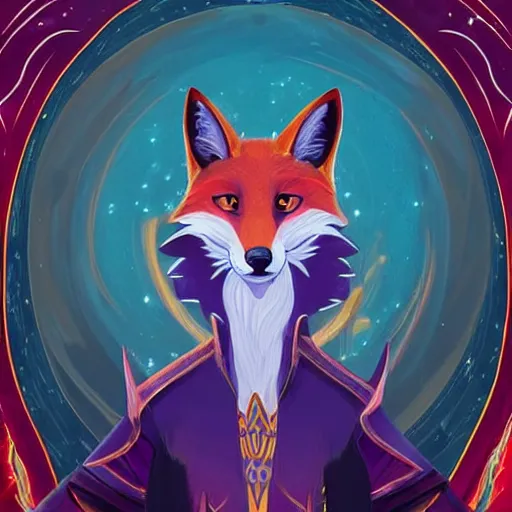 Image similar to a stylized painting of an avatar of an awesome cosmic powerful luxurious foxfolk mage themed around death and the cosmos, in the style of dnd beyond avatar portraits, beautiful, artistic, elegant, lens flare, magical, lens flare, nature, realism, stylized, art by jeff easley and genndy tartakovsky and hayao miyazaki