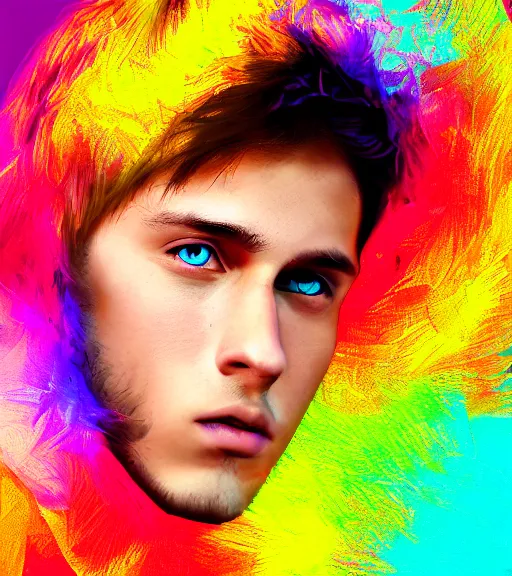 Image similar to photo realistic digital art of the most handsome young man in the world, he is seductive, beautiful and has multicoloured eyes that shine. very colourful background