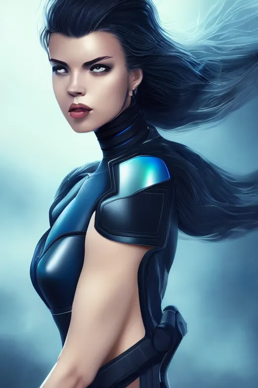 Image similar to a stunning upper body portrait of a beautiful young woman wearing futuristic deep black battle bodyarmor with ombre navy blue teal hairstyle blowing in the wind by marvel comics, digital art, trending on artstation