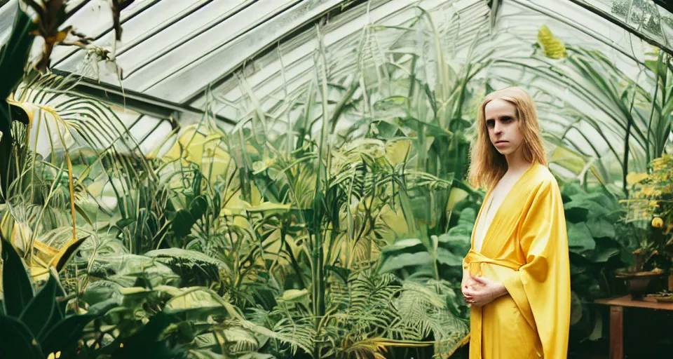 Image similar to Medium format portrait photography of a single elegant woman that look like Brit Marling wearing a yellow kimono in a tropical greenhouse, bokeh