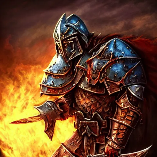 Image similar to chaos warrior with heavy armor and sword, heavy knight helmet, dark sword in hand, war theme, bloodbath battlefield, fiery battle coloring, hearthstone art style, epic fantasy style art, fantasy epic digital art, epic fantasy card game art